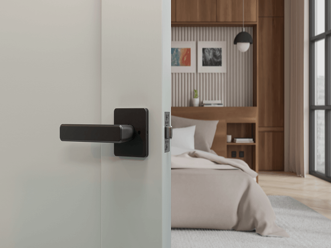 master bedroom door, featuring a Schlage lock