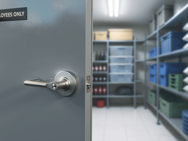 Storage room door, featuring a Schlage lock